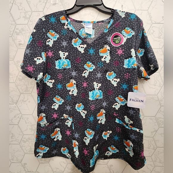 Nwt Disney Frozen Frosty Olaf Women’s V-Neck Print Scrub Top, Size M - Picture 1 of 5